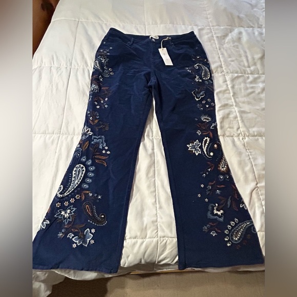 Driftwood "Wyatt" deep navy embroidered corduroy NWT Paisley Pants - Picture 3 of 9